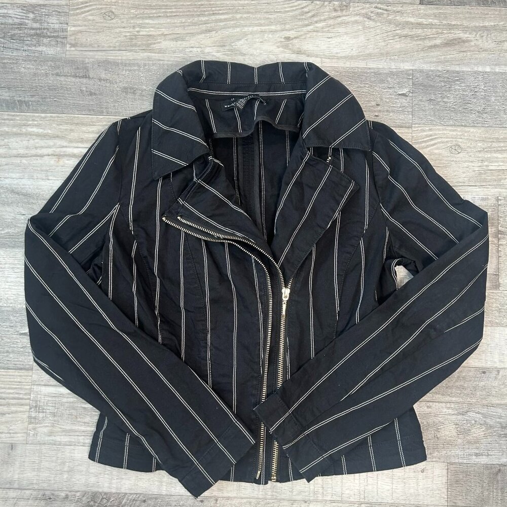 White House Black Market Washed Black Stripe Double Zip Moto Jacket B40